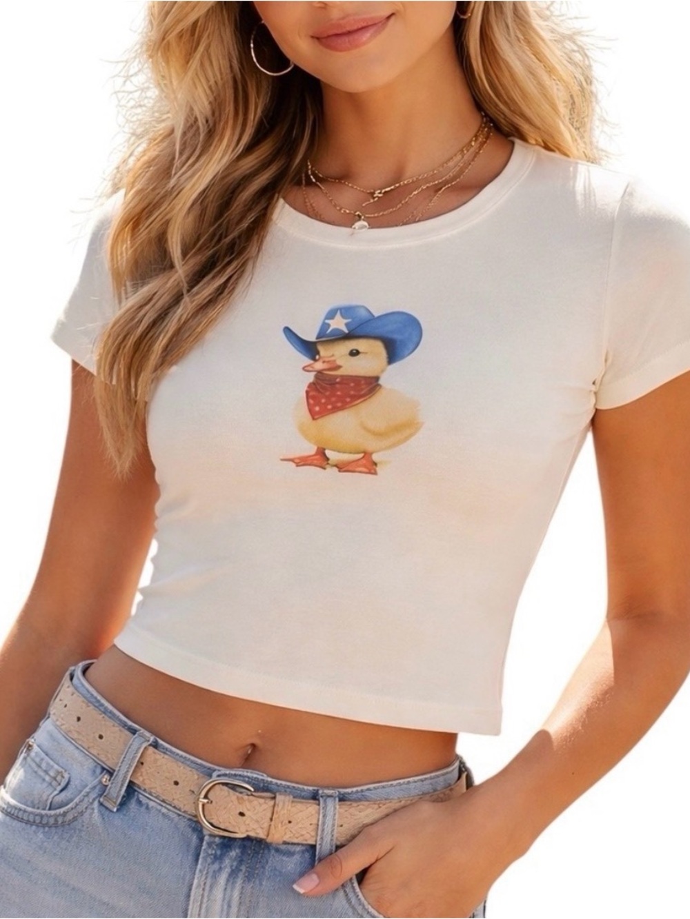 Altar'd State White Cowboy Duck Graphic Crop Tee